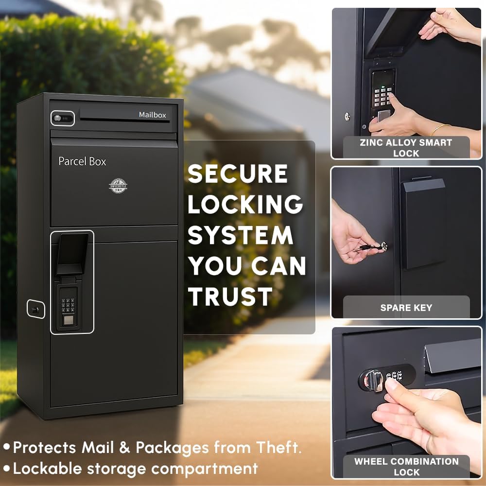 Extra Large Smart Letter Drop Box High Capacity Package Delivery Box for Outside with Secure Coded Lock | Outdoor Parcel Mailbox Weather, Rust and Corrosion Resistance Coating for Home or Office Black