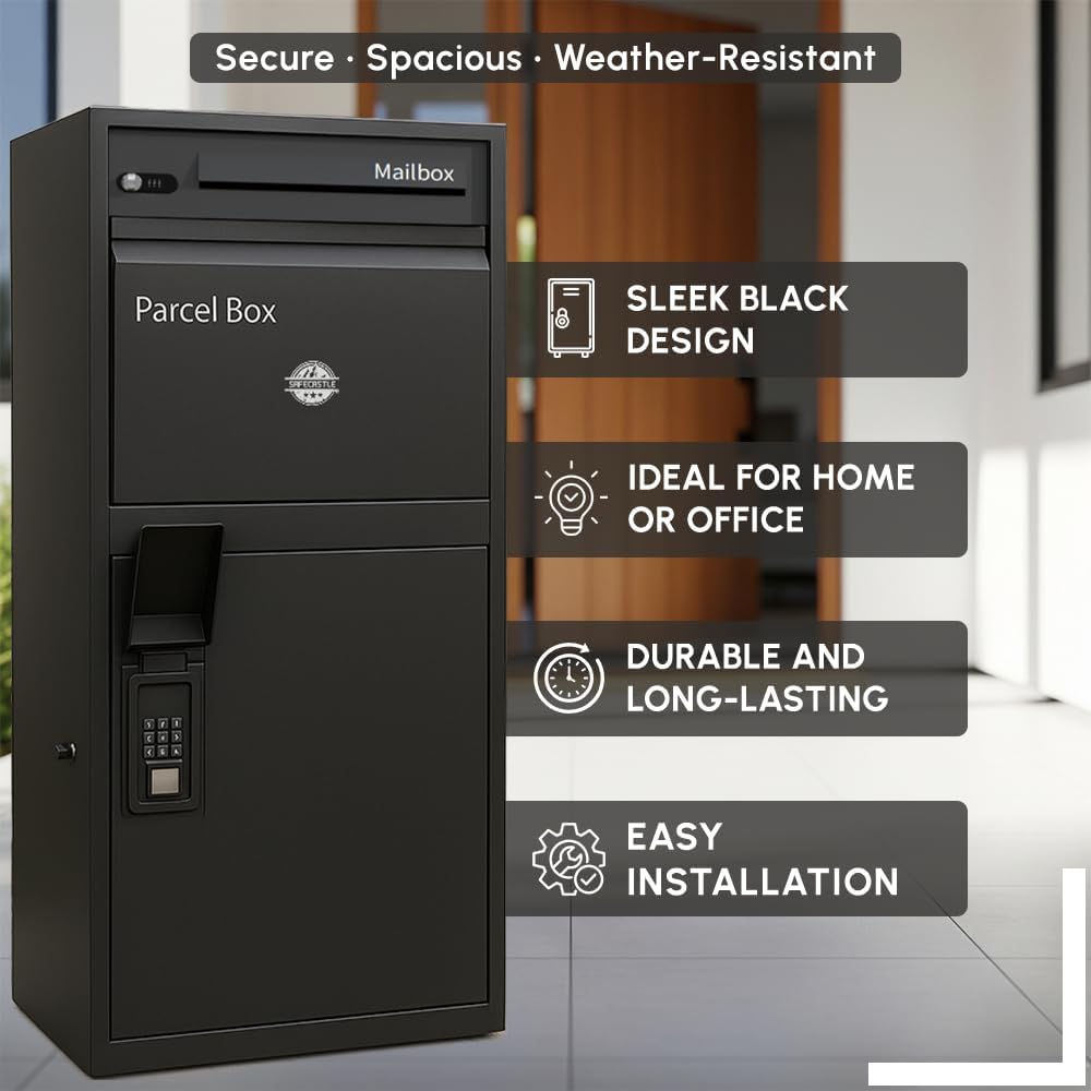 Extra Large Smart Letter Drop Box High Capacity Package Delivery Box for Outside with Secure Coded Lock | Outdoor Parcel Mailbox Weather, Rust and Corrosion Resistance Coating for Home or Office Black