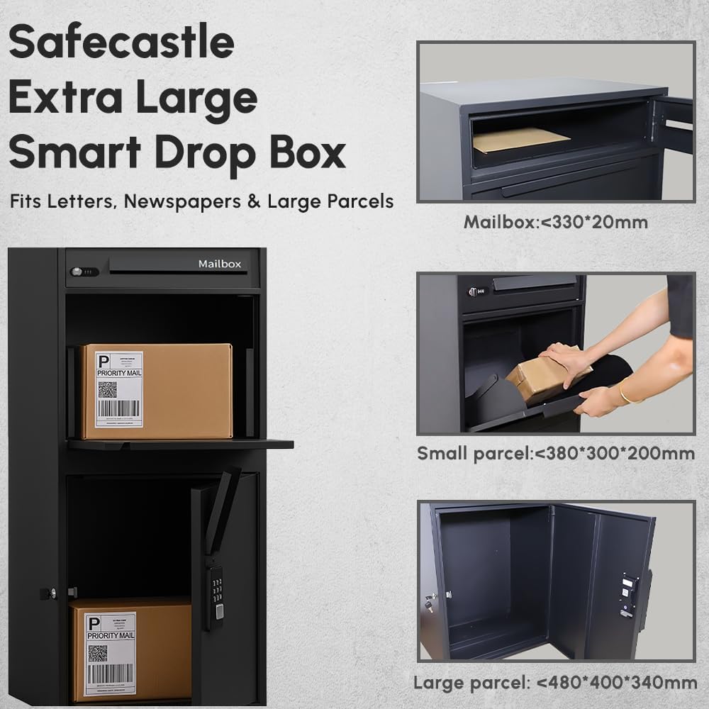 Extra Large Smart Letter Drop Box High Capacity Package Delivery Box for Outside with Secure Coded Lock | Outdoor Parcel Mailbox Weather, Rust and Corrosion Resistance Coating for Home or Office Black