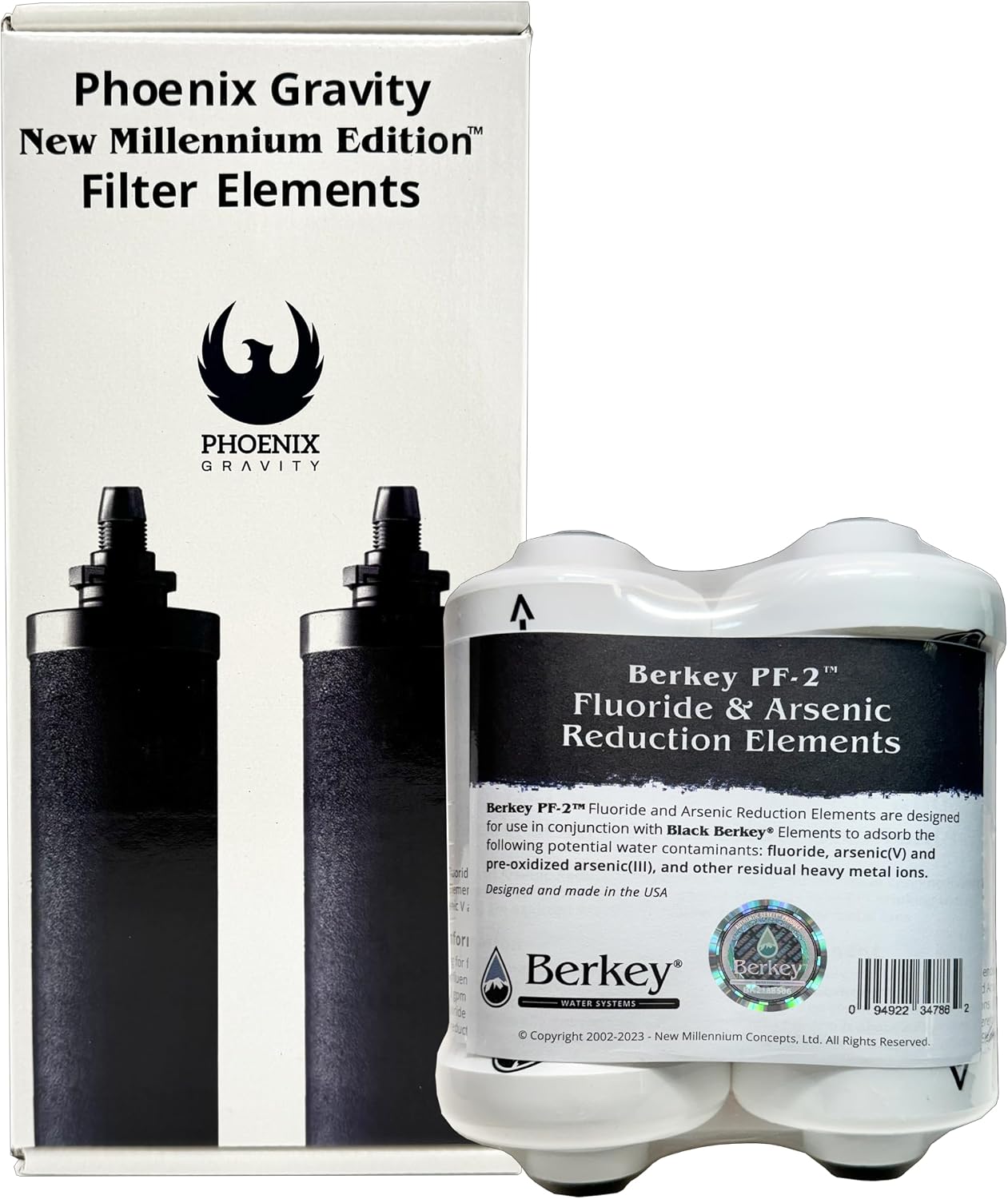Combo Pack - 2 Berkey PF-2 Fluoride and Arsenic Reduction Elements + 2 NSF 42/372 Certified Phoenix Gravity New Millennium Edition Filter Elements