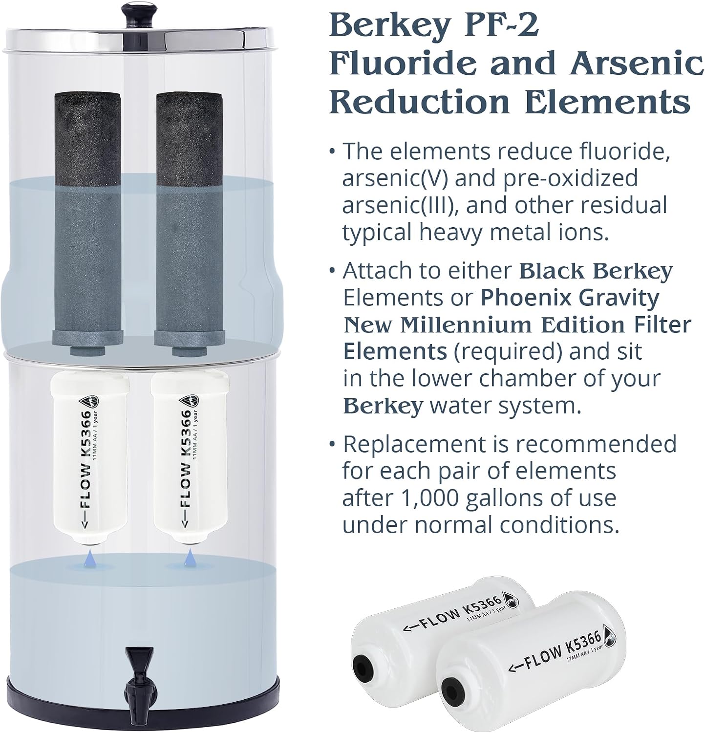 Combo Pack - 2 Berkey PF-2 Fluoride and Arsenic Reduction Elements + 2 NSF 42/372 Certified Phoenix Gravity New Millennium Edition Filter Elements
