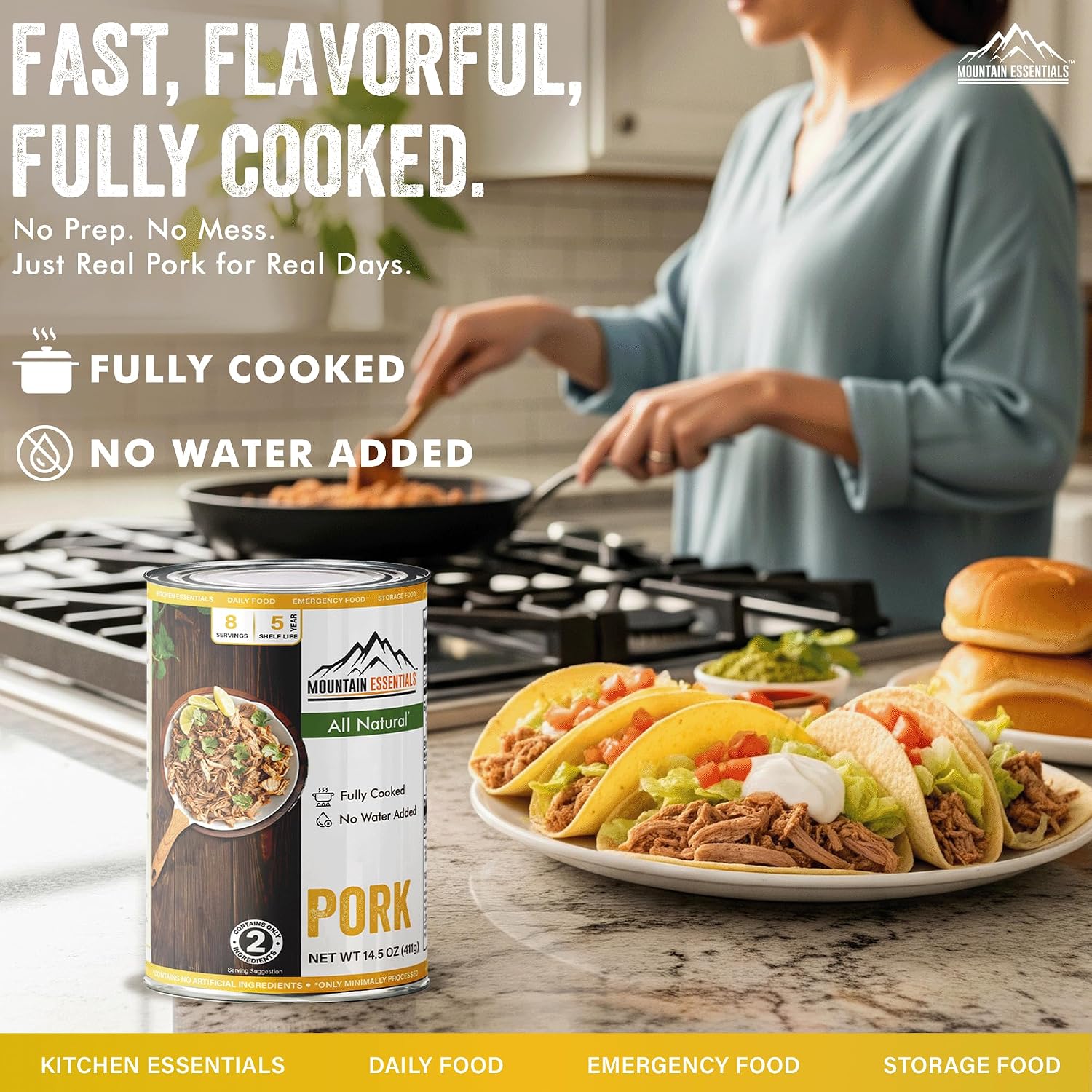 MOUNTAIN ESSENTIALS Canned Pork 14.5 oz – 12g Protein per Serving (8 Servings per Can, 48 Total Servings) – Fully Cooked, Ready to Eat – Pantry Staple Meat for Everyday Meals