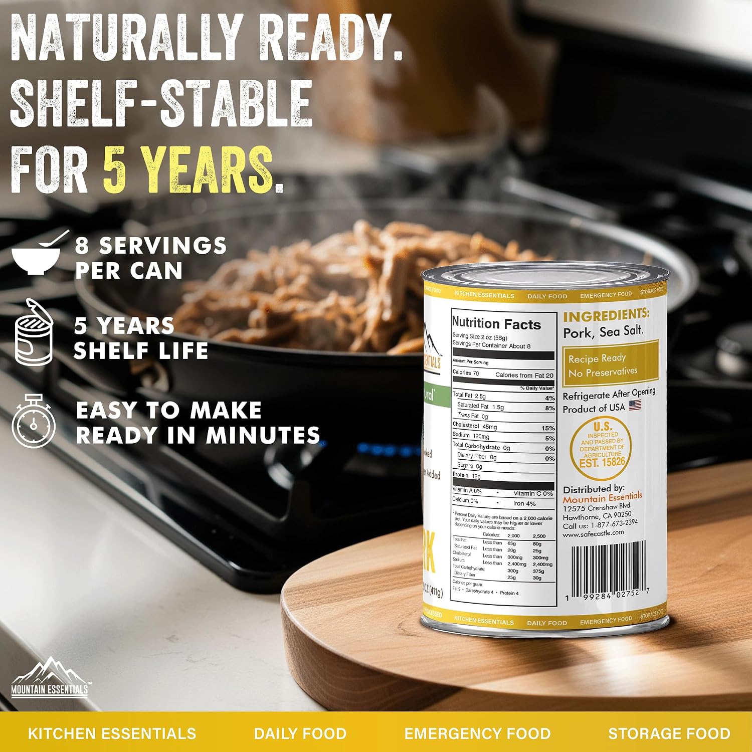 MOUNTAIN ESSENTIALS Canned Pork 14.5 oz – 12g Protein per Serving (8 Servings per Can, 48 Total Servings) – Fully Cooked, Ready to Eat – Pantry Staple Meat for Everyday Meals