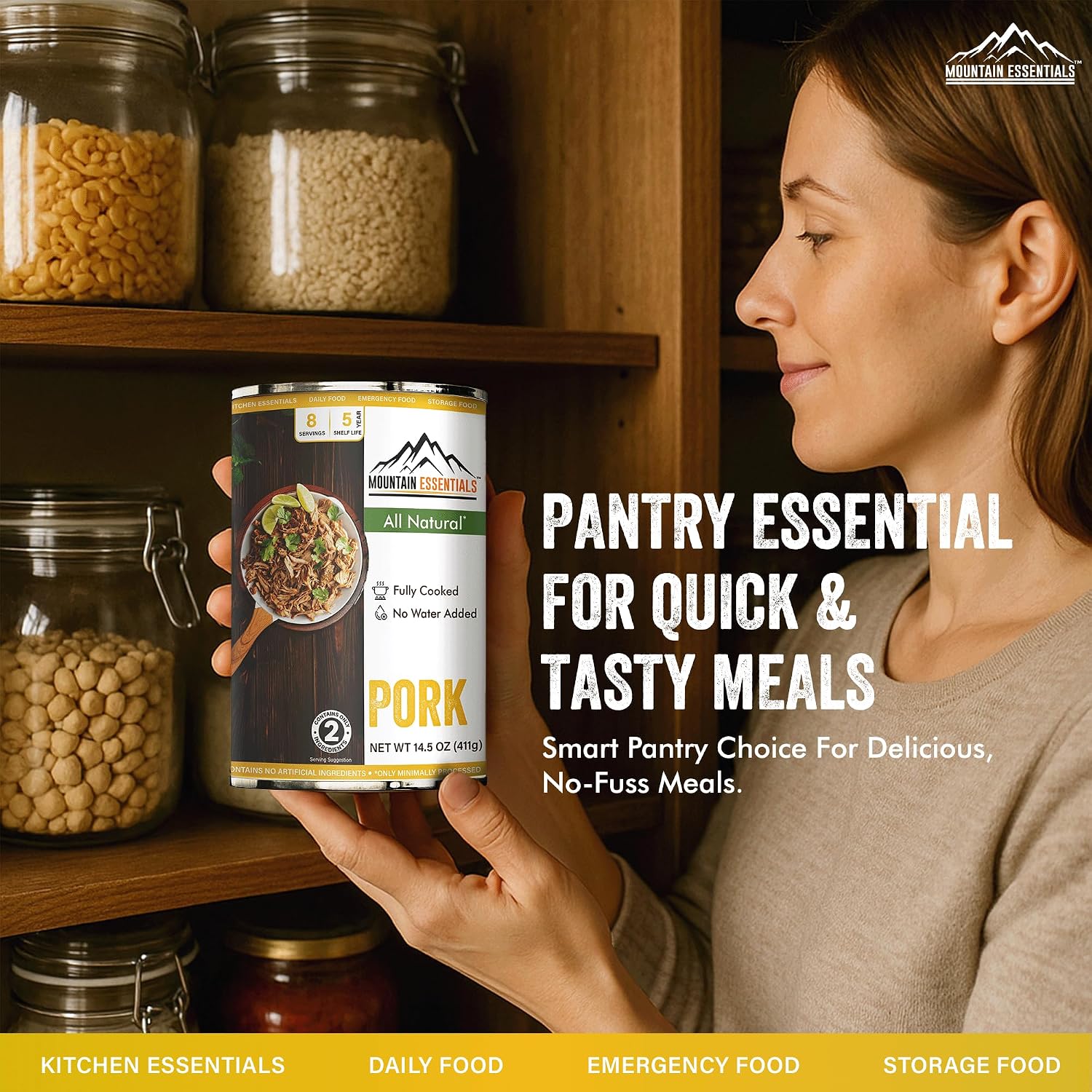 MOUNTAIN ESSENTIALS Canned Pork 14.5 oz – 12g Protein per Serving (8 Servings per Can, 48 Total Servings) – Fully Cooked, Ready to Eat – Pantry Staple Meat for Everyday Meals