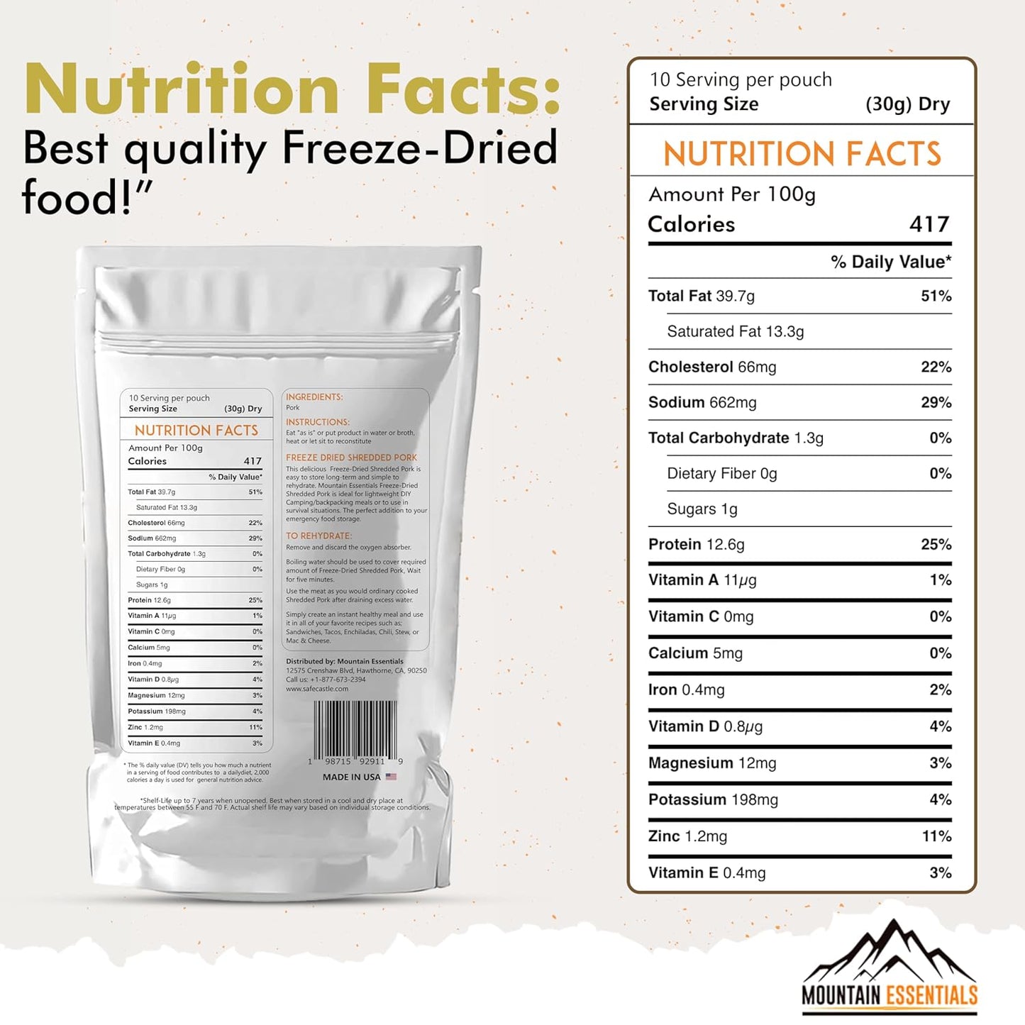 MOUNTAIN ESSENTIALS Freeze Dried Fully Cooked Shredded Pork with 7 Year Shelf Life