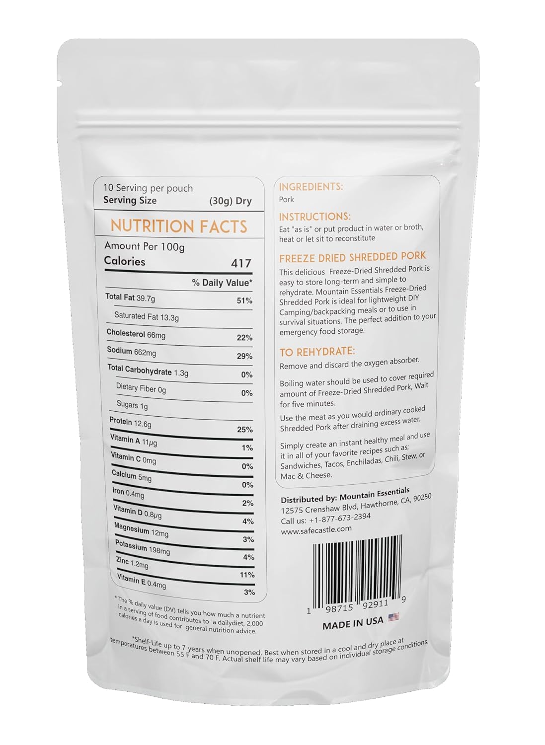 MOUNTAIN ESSENTIALS Freeze Dried Fully Cooked Shredded Pork with 7 Year Shelf Life