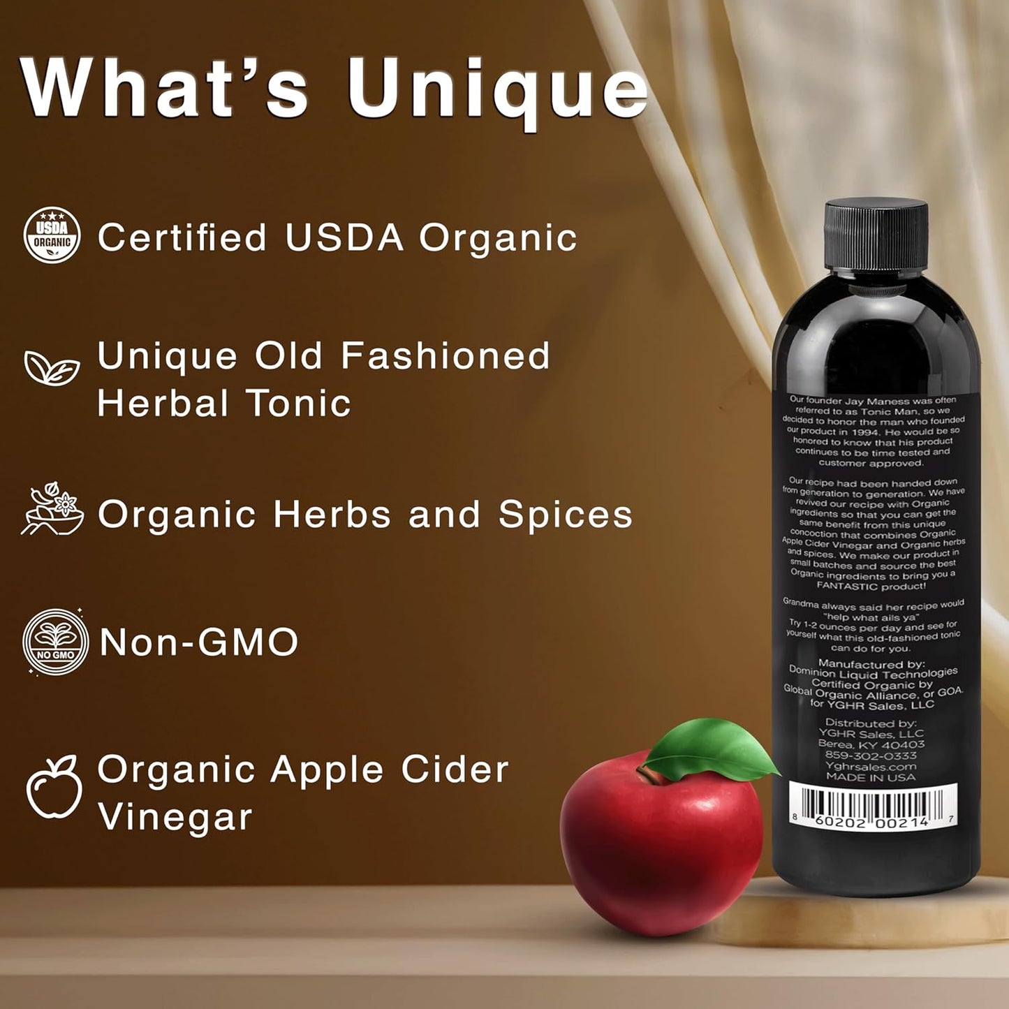 Tonic Man Old Fashioned Organic Wellness Tonic Made with Raw Apple Cider Vinegar Kosher Organic Apple & Grape Juices with 12 Herbs & Spices Energize Body