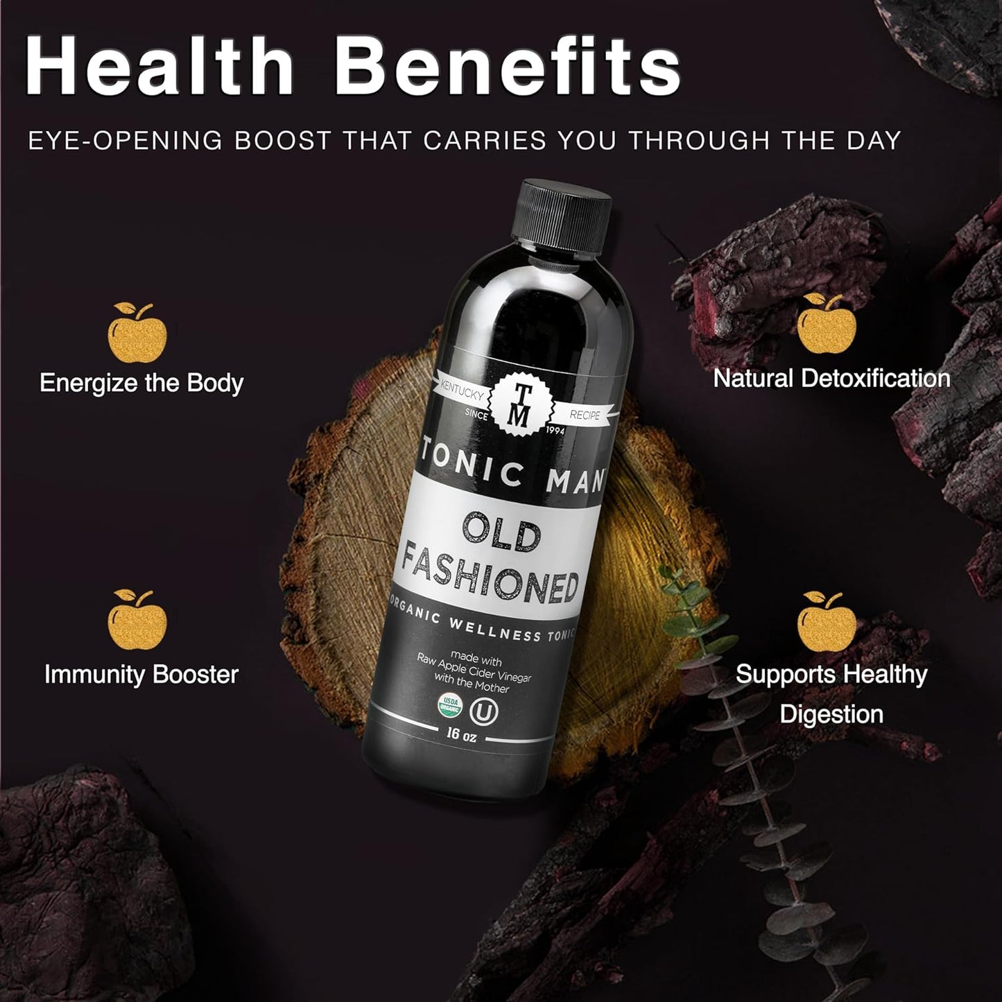 Tonic Man Old Fashioned Organic Wellness Tonic Made with Raw Apple Cider Vinegar Kosher Organic Apple & Grape Juices with 12 Herbs & Spices Energize Body