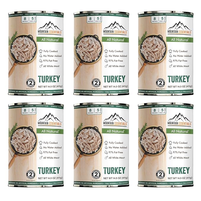 MOUNTAIN ESSENTIALS All Natural Canned Turkey 14.5 oz – 14g Protein per Serving (8 Servings per Can, 192 Total Servings) – Fully Cooked, Ready to Eat Deli White Meat – Premium Canned Meat for Daily Meals