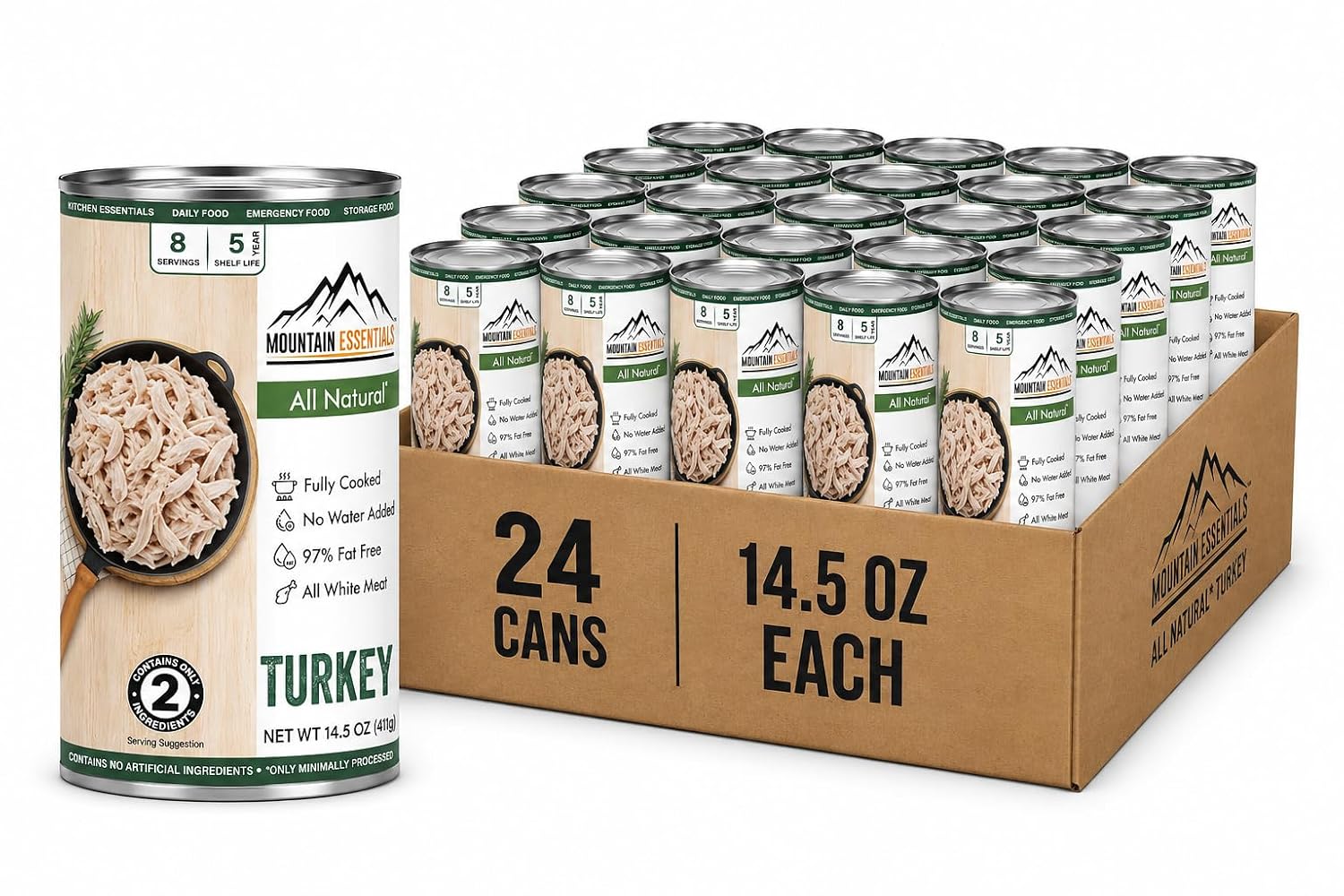 MOUNTAIN ESSENTIALS All Natural Canned Turkey 14.5 oz – 14g Protein per Serving (8 Servings per Can, 192 Total Servings) – Fully Cooked, Ready to Eat Deli White Meat – Premium Canned Meat for Daily Meals
