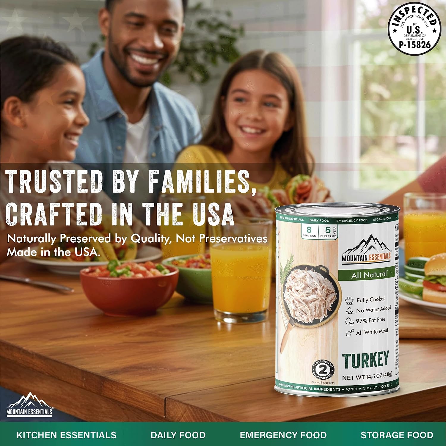 MOUNTAIN ESSENTIALS All Natural Canned Turkey 14.5 oz – 14g Protein per Serving (8 Servings per Can, 192 Total Servings) – Fully Cooked, Ready to Eat Deli White Meat – Premium Canned Meat for Daily Meals