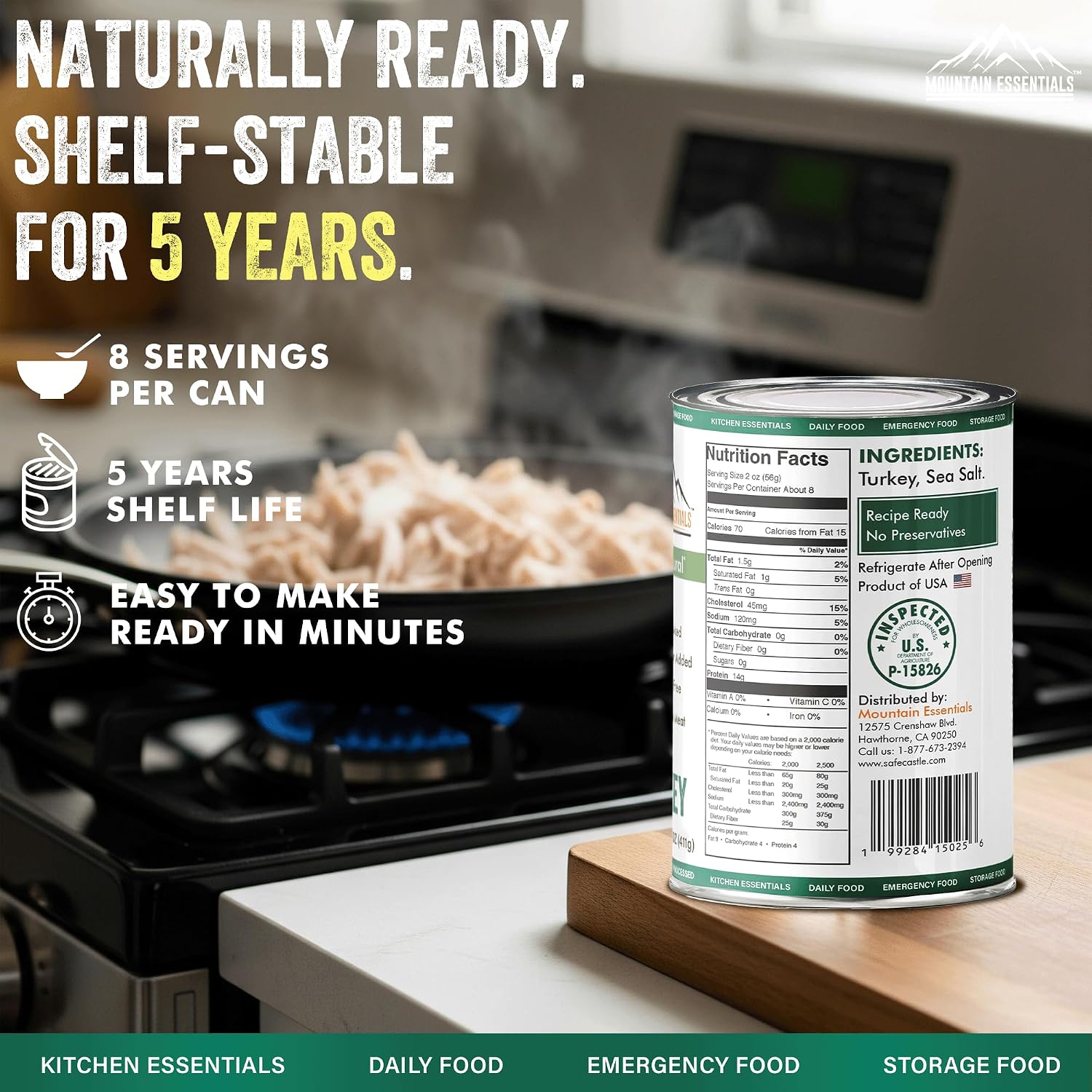 MOUNTAIN ESSENTIALS All Natural Canned Turkey 14.5 oz – 14g Protein per Serving (8 Servings per Can, 192 Total Servings) – Fully Cooked, Ready to Eat Deli White Meat – Premium Canned Meat for Daily Meals
