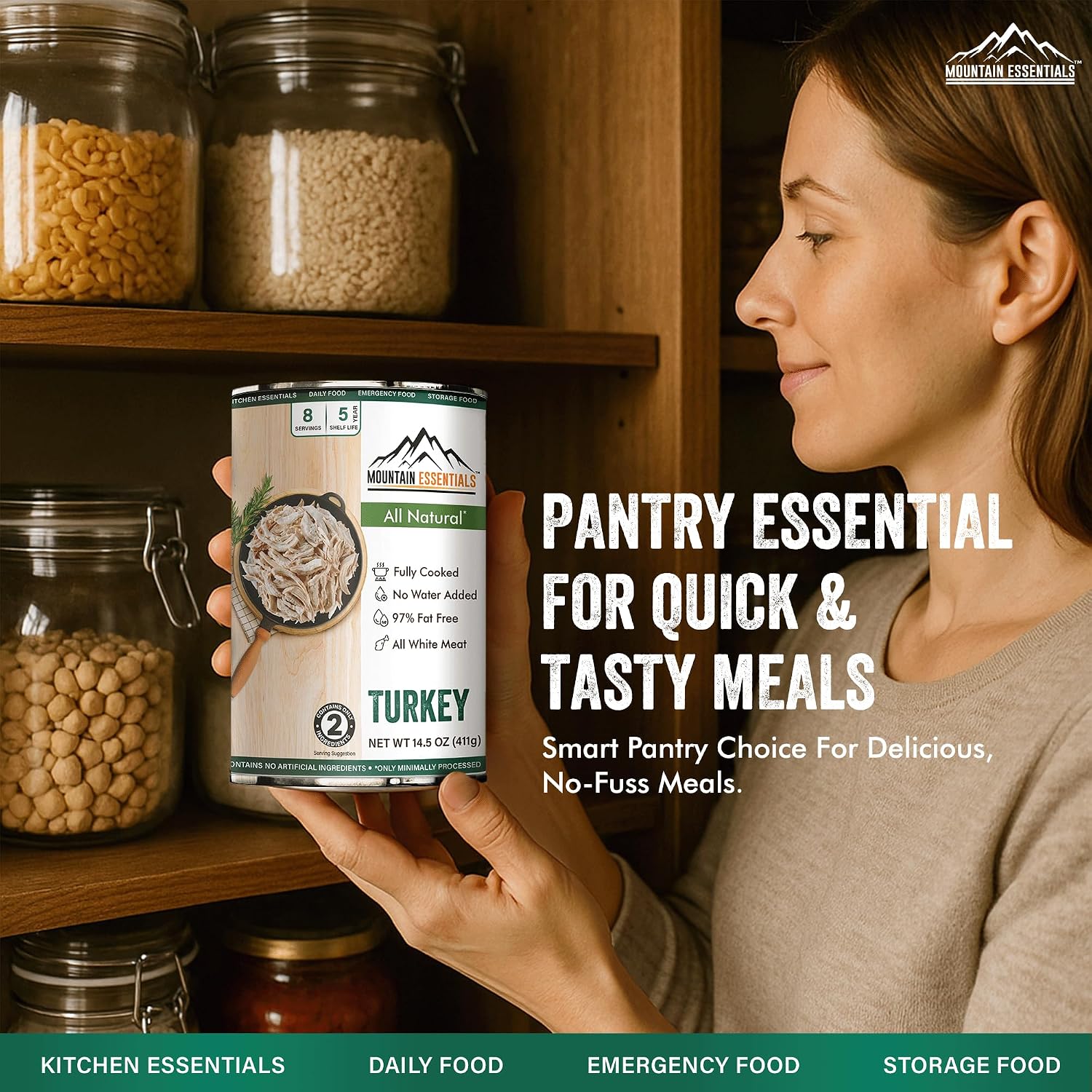 MOUNTAIN ESSENTIALS All Natural Canned Turkey 14.5 oz – 14g Protein per Serving (8 Servings per Can, 192 Total Servings) – Fully Cooked, Ready to Eat Deli White Meat – Premium Canned Meat for Daily Meals
