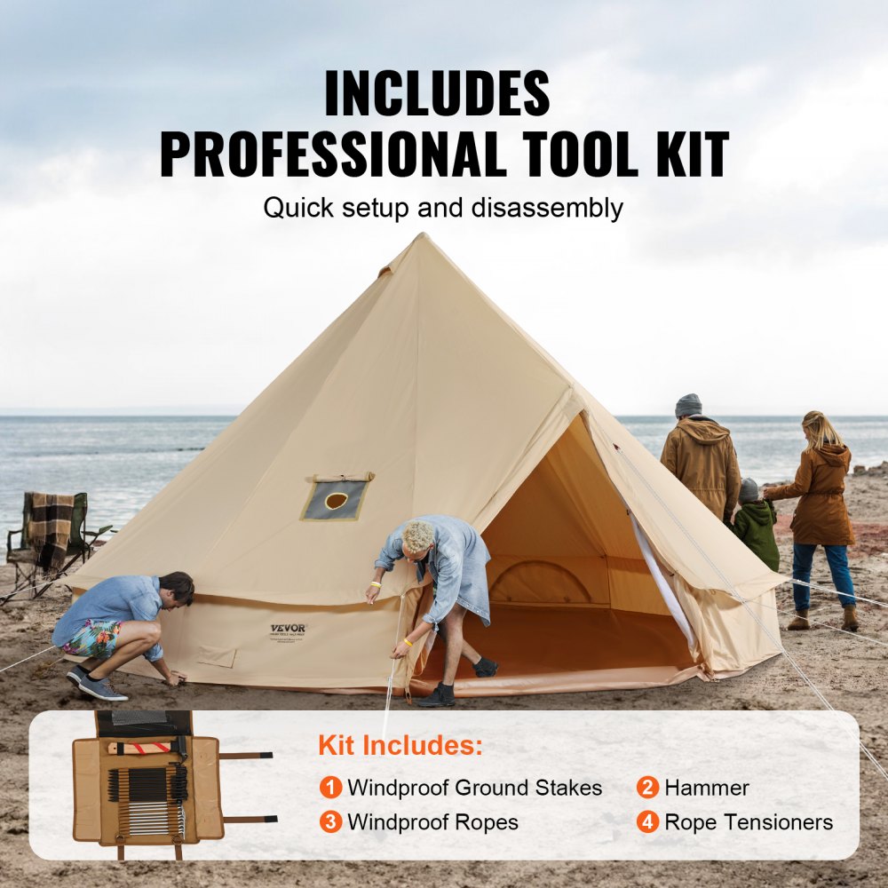 VEVOR 3-5 Person Canvas Glamping Bell Tent, Breathable Waterproof Yurt Tent with Stove Jack and Detachable Side Wall for Family Camping, 10'x 10'x98"(Diameter 3M)