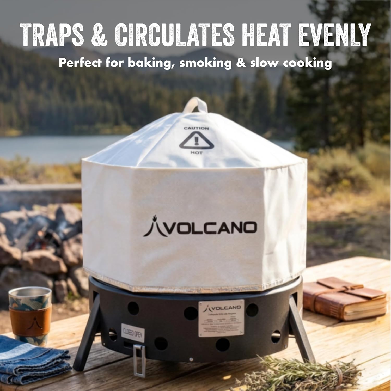 Volcano Lid for Volcano Collapsible Grill, Heat Resistant Polyester Cover, Heat Retention Lid for Baking, Smoking & Dutch Oven Cooking, Folding Portable Outdoor Grill Accessory, Fits Camping Grill