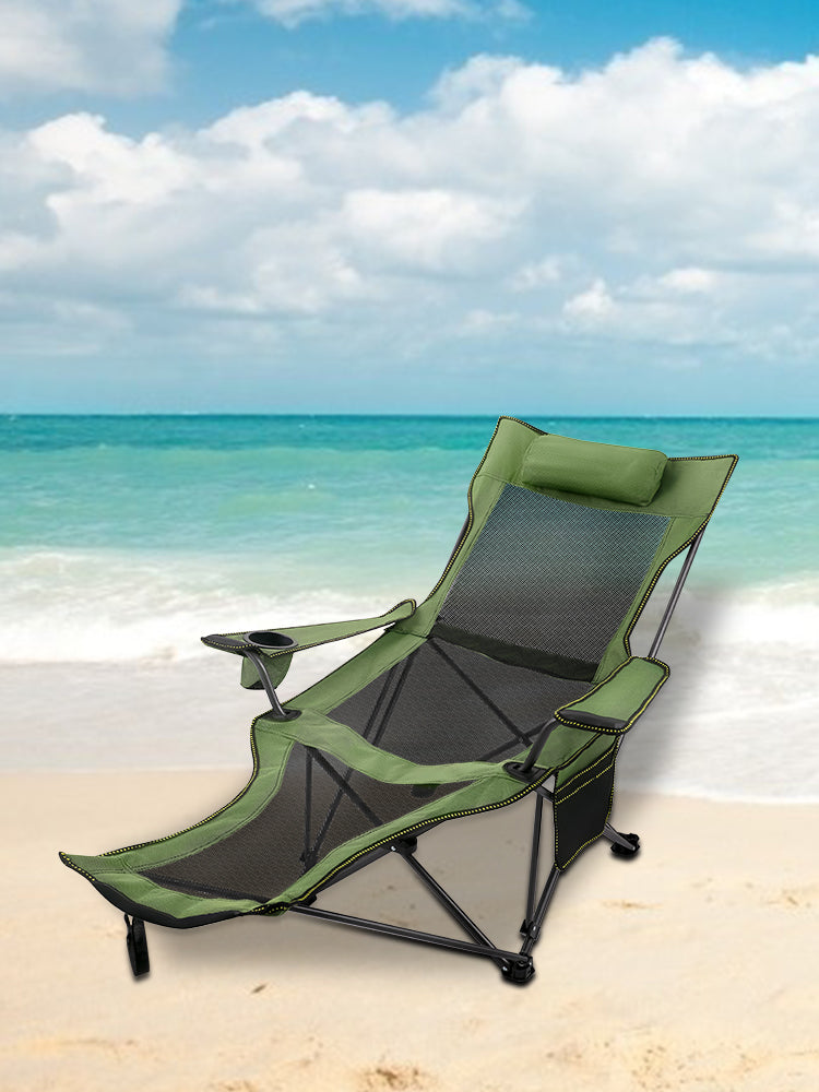 VEVOR Folding Camp Chair with Footrest Mesh, Lounge Chair with Cup Holder and Storage Bag, Reclining Folding Camp Chair for Camping Fishing and Other Outdoor Activities (Green)