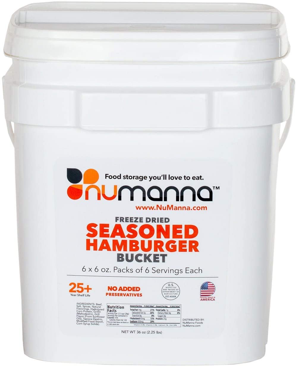 Numanna Freeze-Dried Seasoned Hamburger Beef Bucket 36 Meals , 25 Plus Year Shelf Life