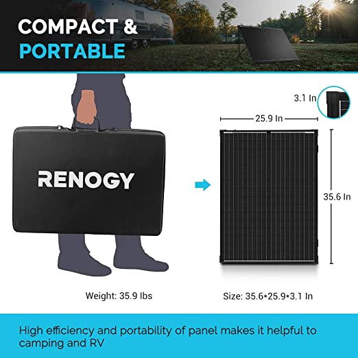 Renogy 200 Watt 12 Volt Monocrystalline Off Grid Portable Foldable 2Pcs 100W Solar Panel Suitcase Built-in Kickstand with Waterproof 20A Charger Controller