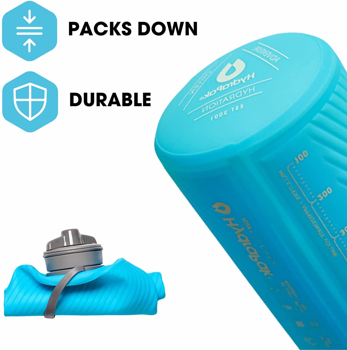 Hydrapak Flux - Collapsible Backpacking Water Bottle (1 Liter) - BPA Free, Ultra Light, Spill-Proof Twist Cap - Mammoth Grey
