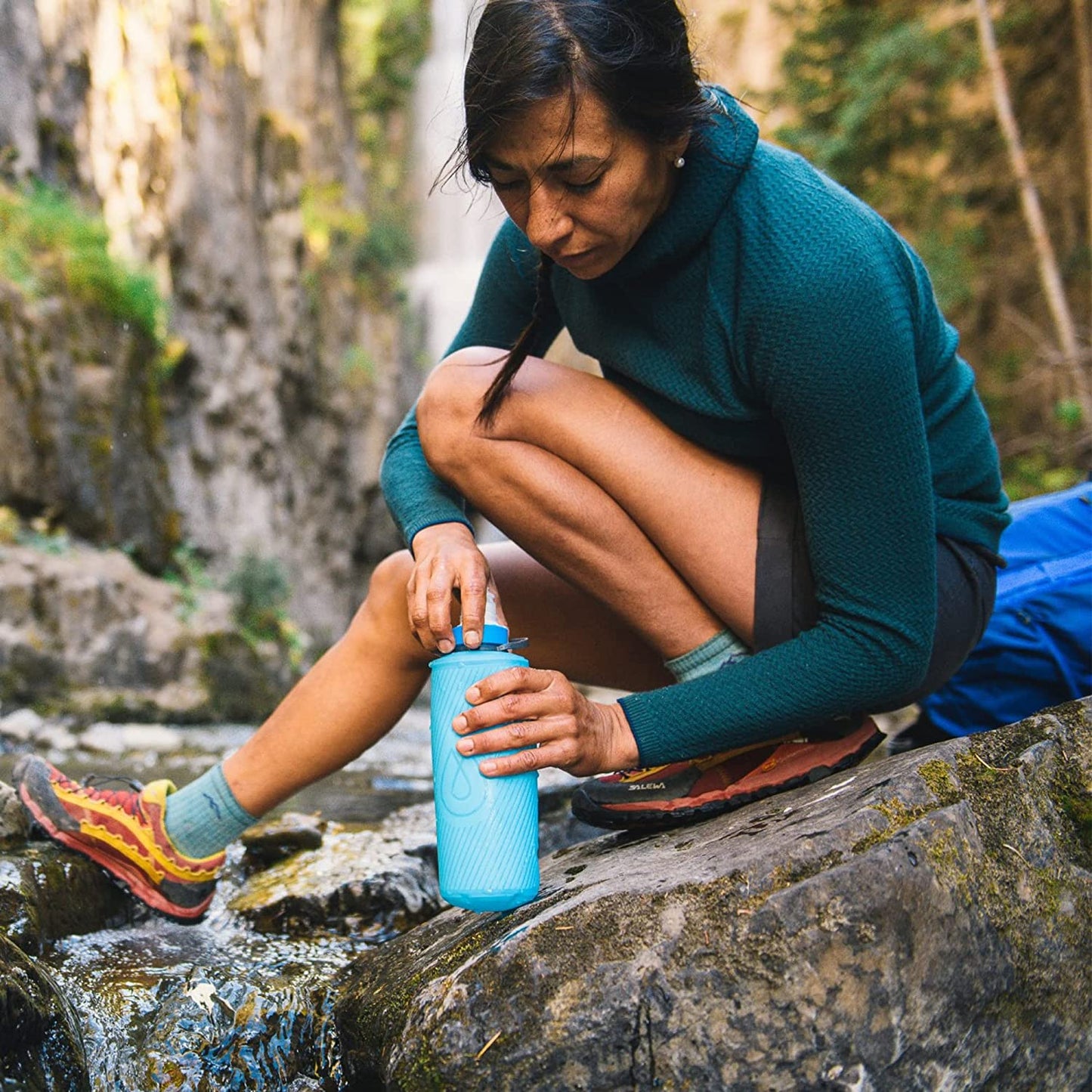 Hydrapak Flux - Collapsible Backpacking Water Bottle (1.5 Liter) - BPA Free, Ultra Light, Spill-Proof Twist Cap - Malibu Blue
