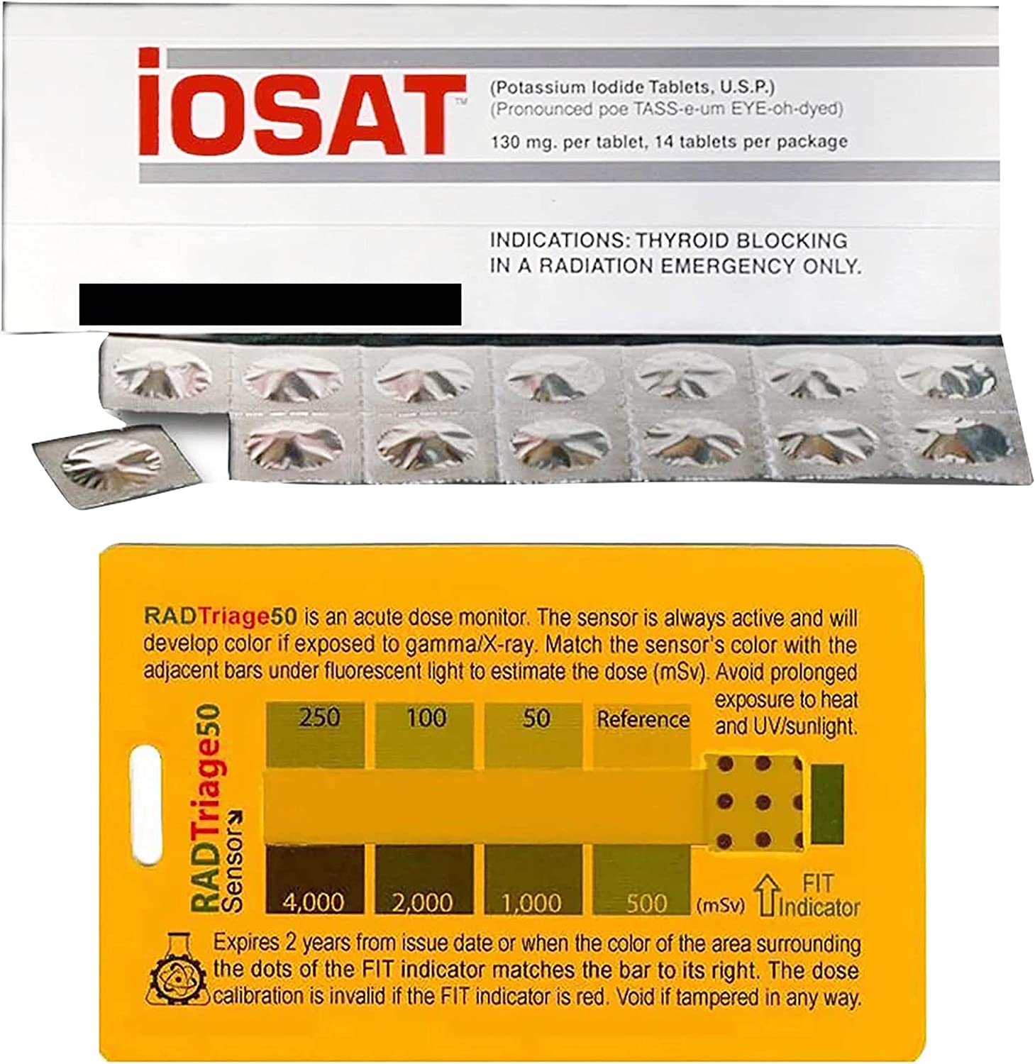 Bundle of 1 RADTriage Radiation Detector and 1 Pack of IOSAT Potassium Iodide Tablets USP, 130mg Iodine Tablets (14 Tablets/Pack)