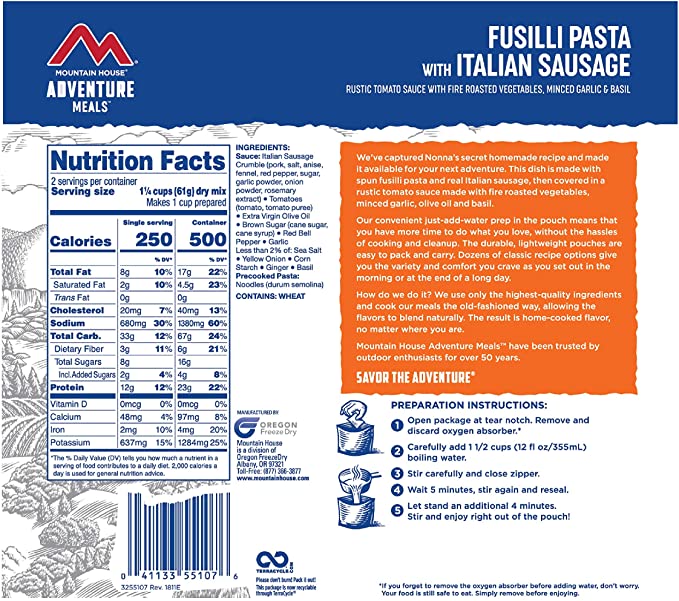 Mountain House Fusilli Pasta pouches (6/case) Clean label Nutritional facts
