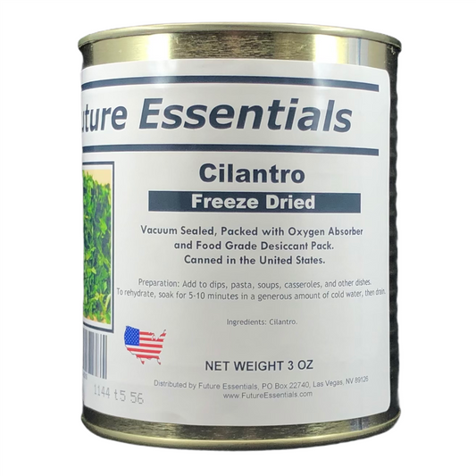 1 Case of 12 Cans - Future Essentials Freeze Dried Cilantro #2.5 Can / 3 oz is the perfect way to add the fresh taste of cilantro to your meals, without the hassle of buying and storing fresh cilantro. Our freeze dried cilantro is made from 100% fresh cilantro, which is carefully freeze dried to preserve its flavor, nutrients, and color.