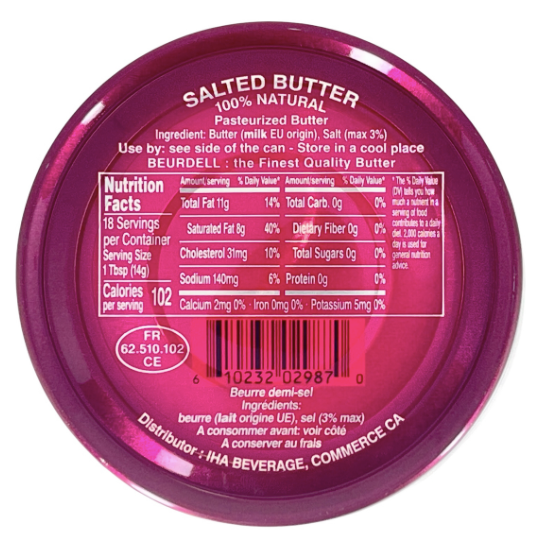 Beurdell Butter - Pasteurized French Salted Butter in 8.8oz (250g).