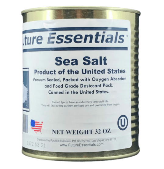 Fine granulated Sea Salt is packed in a #2.5 Can / 32oz