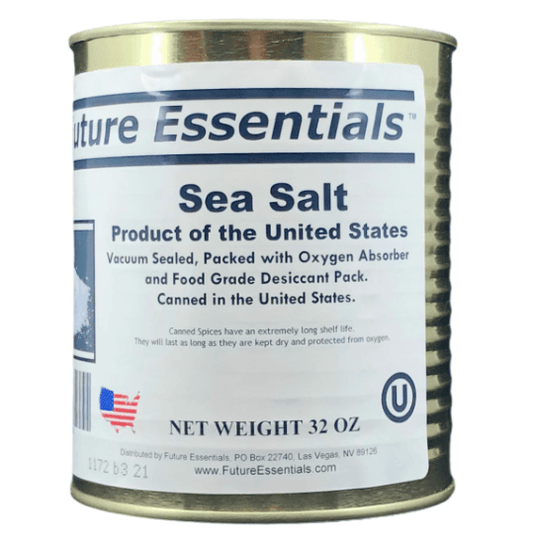 Fine granulated Sea Salt is packed in a #2.5 Can / 32oz