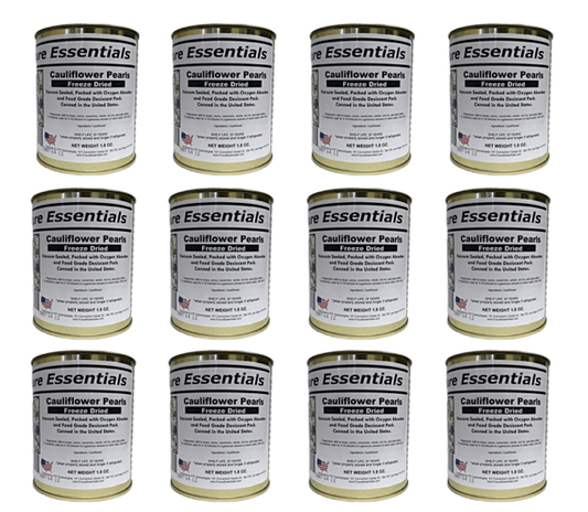 Cauliflower Freeze Dried by Future Essentials ( Case of 12 cans) - Future Essentials Freeze Dried Cauliflower Pearls #2.5 Can / 1.5 oz are the perfect way to add a nutritious and delicious boost to your meals. Made from 100% US-grown cauliflower, our cauliflower pearls are freeze-dried to preserve their nutrients and flavor. They are also lightweight and easy to store, making them a great option for camping, hiking, and emergency preparedness.