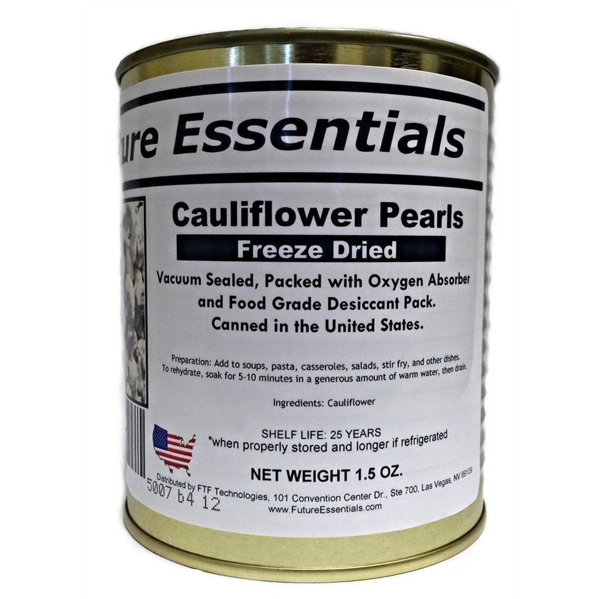 Future Essentials Freeze Dried Cauliflower Pearls #2.5 Can / 1.5 oz are the perfect way to add a nutritious and delicious boost to your meals. Made from 100% US-grown cauliflower, our cauliflower pearls are freeze-dried to preserve their nutrients and flavor. They are also lightweight and easy to store, making them a great option for camping, hiking, and emergency preparedness.