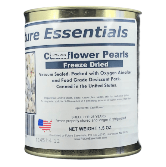 Future Essentials Freeze Dried Cauliflower Pearls #2.5 Can / 1.5 oz are the perfect way to add a nutritious and delicious boost to your meals. Made from 100% US-grown cauliflower, our cauliflower pearls are freeze-dried to preserve their nutrients and flavor. They are also lightweight and easy to store, making them a great option for camping, hiking, and emergency preparedness.