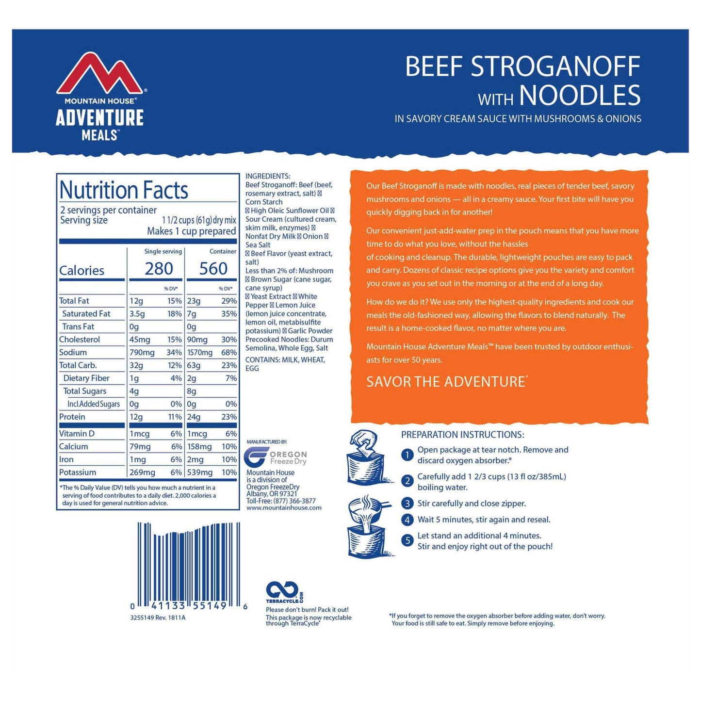 Mountain House Beef Stroganoff - Pouch (6/case) Ingredients