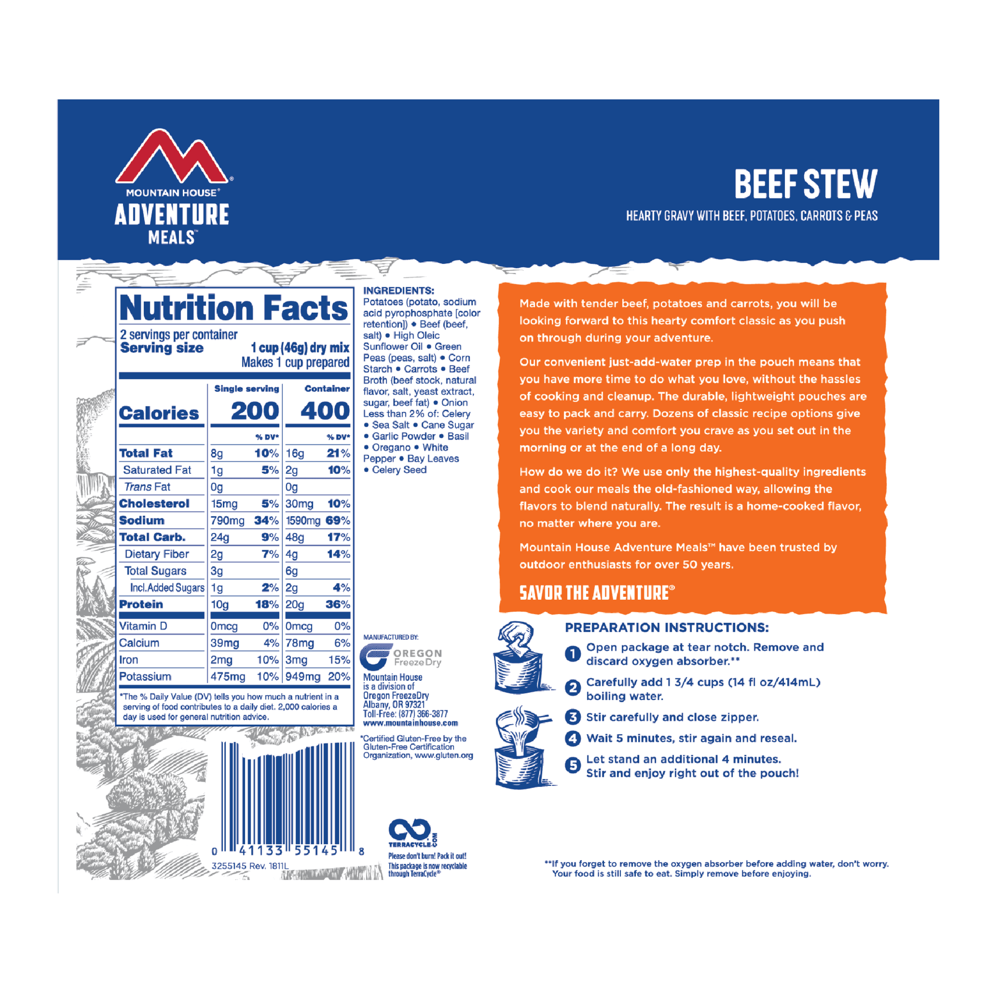 Mountain House Beef Stew - Pouch (6/case) Ingredients