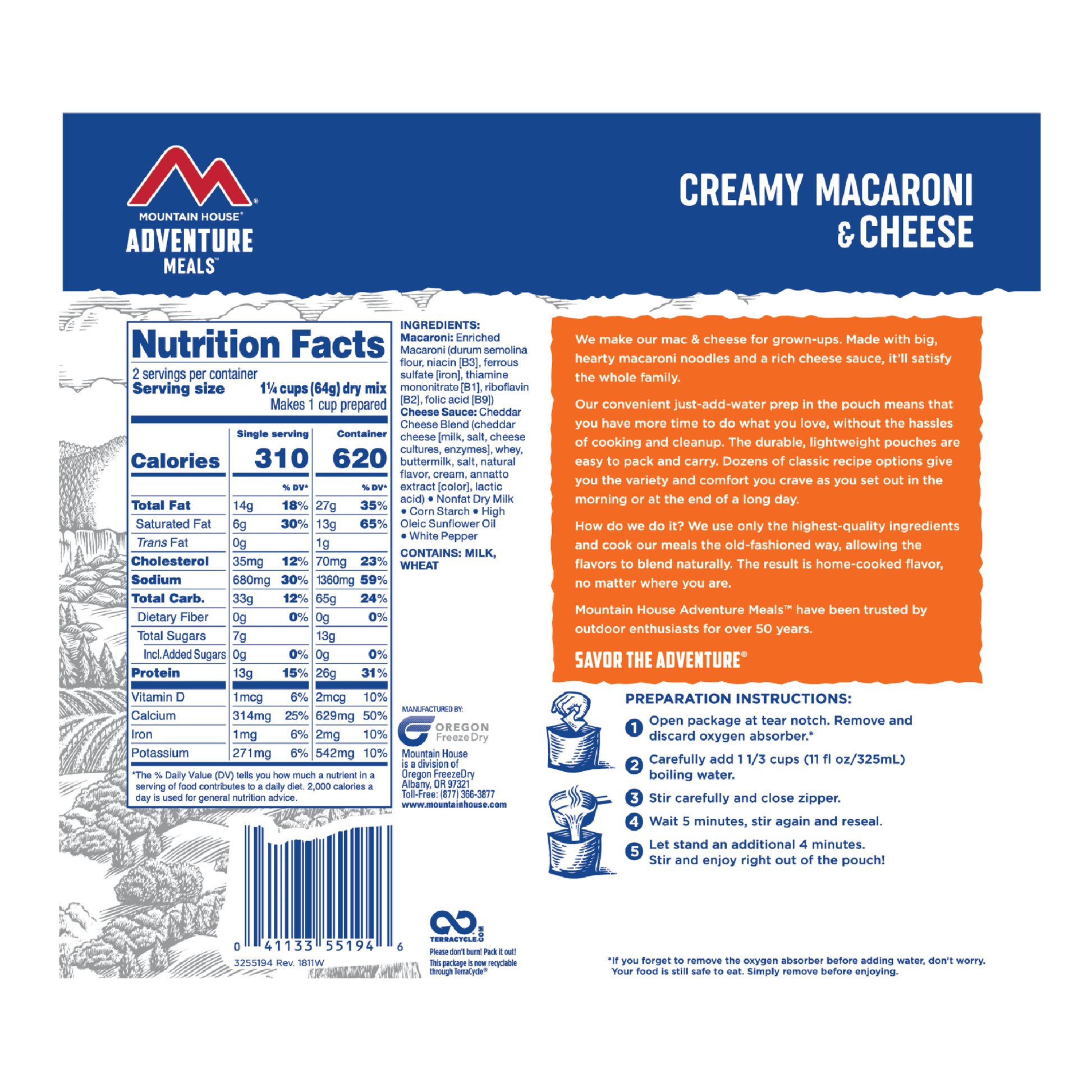 Mountain House Creamy Macaroni & Cheese - Pouch (6/cases) Ingredients