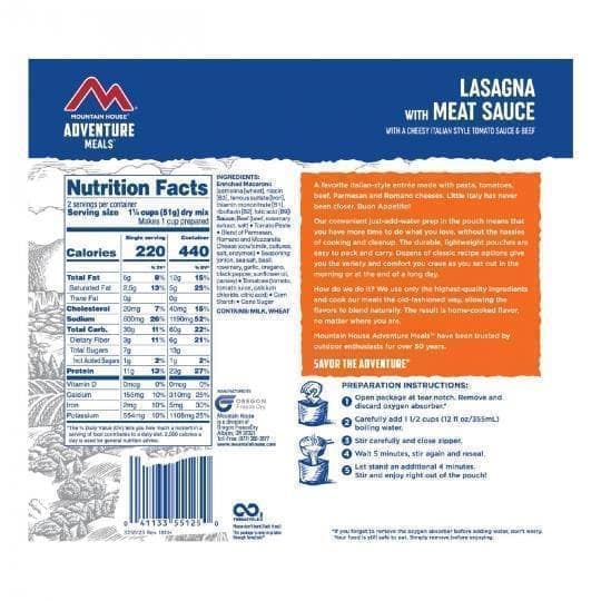 Mountain House Lasagna with Meat Sauce Entree Pouches (6 Pouches/Case) CLEAN LABEL Ingredients 