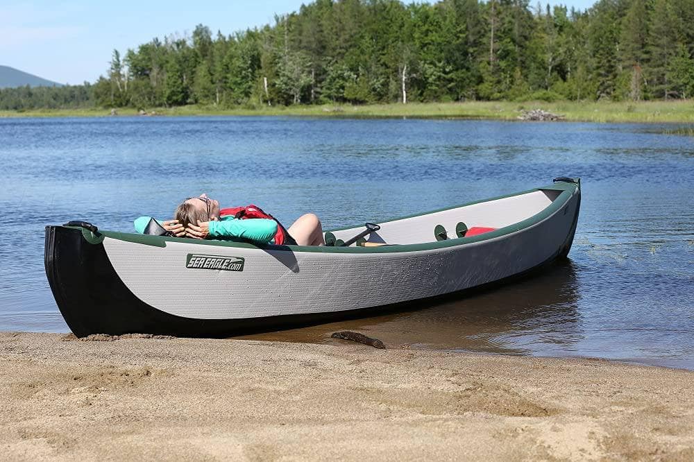 Sea Eagle TC16 Inflatable Travel Canoe 3 Person with Traditional Style Wood/Web Canoe Seats in Our Electric Pump Package