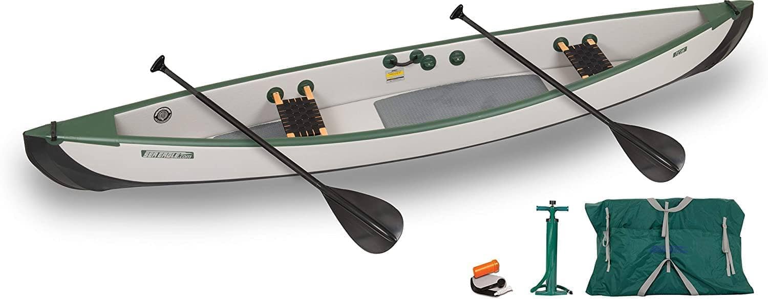 Sea Eagle TC16 Inflatable Travel Canoe Start Up Package with Traditional Wood/Web Seats …